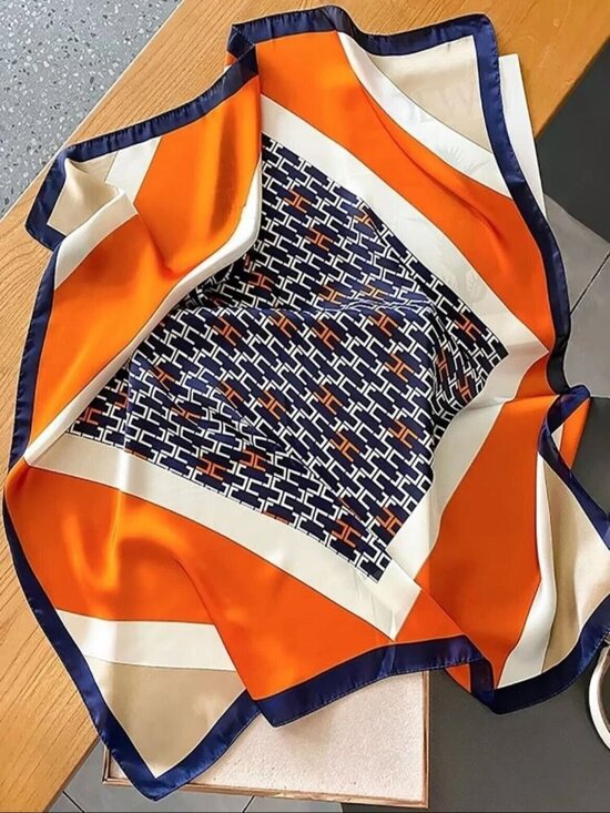 ❤️Elegant Luxury Bandana Square Scarf Silky Satin Soft ORANGE BLUE Geometric New - Picture 7 of 9